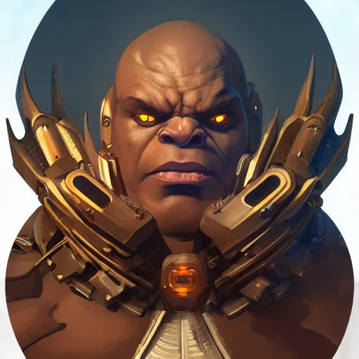 Image similar to science-fiction utopian character portrait of a huge muscular menacing Doomfist from Overwatch, white face paint, intricate, wild, highly detailed, digital painting, artstation, upper body, concept art, smooth, sharp focus, illustration, art by artgerm and greg rutkowski and alphonse mucha