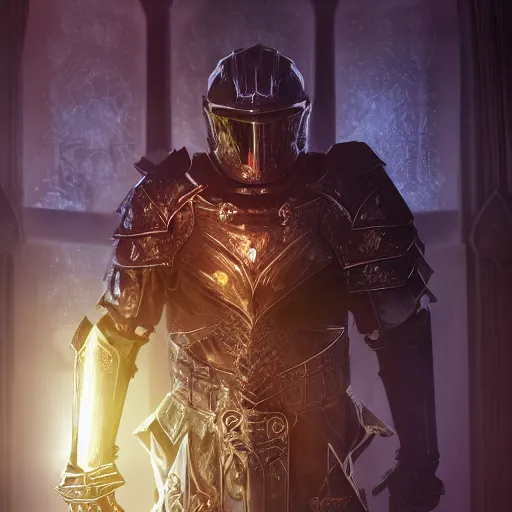 Image similar to evil knight, glowing halo, fantasy paladin, intricate legendary armor, located in a castle, morning sunlight through the window, decorated, high quality, highly detailed, 4 k