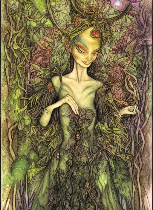 Image similar to junoesque fey queen, vine dress, glowing forest, strong line, eerie color, beautiful! coherent! by brian froud