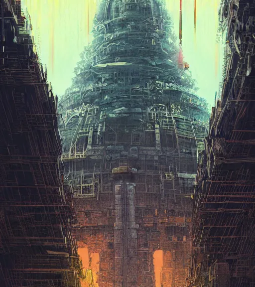 Image similar to colored manga, by greg rutkowski, tarkovsky, majestic ancient tower of babylon of terror, a woman in cyber clothing, hyperrealistic, blame manga, full color, cyber architecture, intricate, illustration, kilian eng, concept art, hyper - detailed, smooth, masterpiece, epic, cinematic, high quality