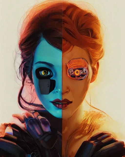 Image similar to dark portrait of a half - robot woman with circuits on her face, with cute - fine - face, pretty face, multicolored hair, realistic shaded perfect face, fine details by realistic shaded lighting poster by ilya kuvshinov katsuhiro otomo, magali villeneuve, artgerm, jeremy lipkin and michael garmash and rob rey