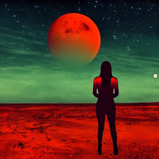 Image similar to A sad spiritual witch standing on mars looking at camera, distant background, red lighting, ominous, moonlight, bokeh, synthwave, psychedelic, glitch, acrylic, flooko, detailed,