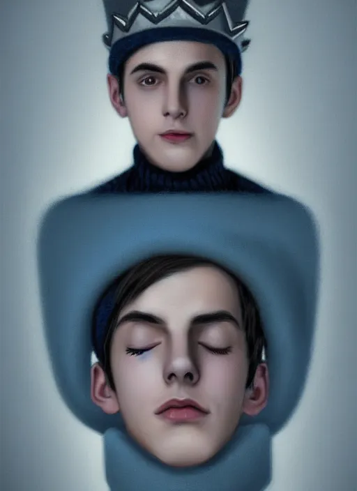 Image similar to portrait of teenage jughead jones wearing a light grey crown, crown, blue turtleneck, 1 9 5 0 s, closed eyes, photorealistic, black hair, glowing lighting, intricate, elegant, glowing lights, highly detailed, digital painting, artstation, concept art, smooth, sharp focus, illustration, art by wlop, mars ravelo and greg rutkowski