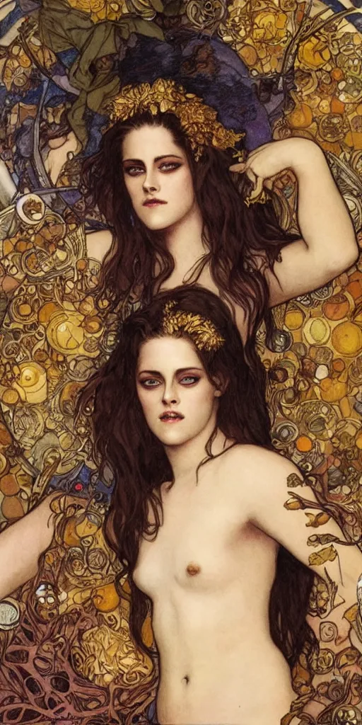 Prompt: kristen stewart as a sultry warrior sitting on top of a gold cornucopia, mucha meets norman lindsay style