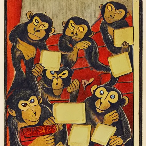 Prompt: ''A group of monkeys with cards in their hands, centered image, HD, Photorealistic''