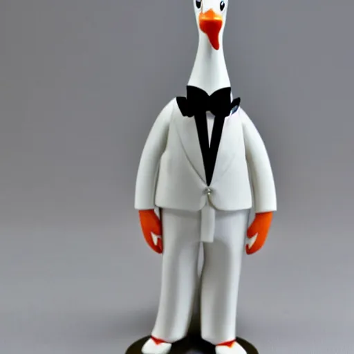 Prompt: Anthro goose in a white tuxedo, vinyl toy figurine