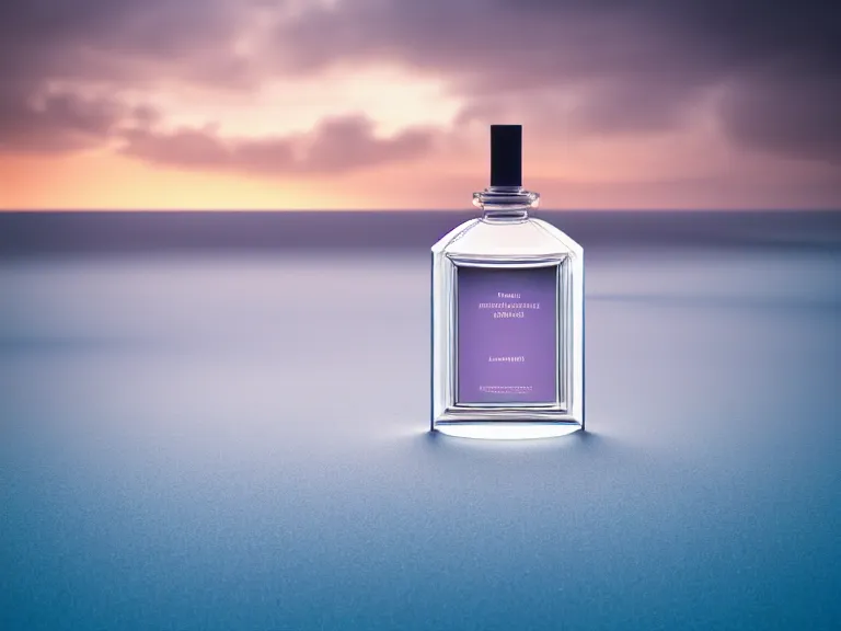 Prompt: perfume bottle standing on lilpadss in a deep blue frosted pond ; mute dramatic colours, soft blur outdoor stormy sea background, dramatic, mid day, sand dune background, soft lilac skies, large scale, hyperrealistic, lots of detail, realistic lighting, octane render, by wlop, artgerm, trending on artstation