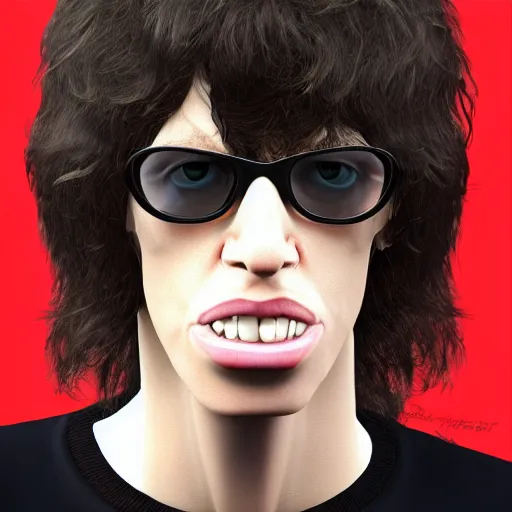 Prompt: The Lovechild of Joey Ramone and Young Mick Jagger, real life, hyperrealistic, ultra realistic, realistic, highly detailed, epic, HD quality, 8k resolution, body and headshot, front facing, front view, headshot and bodyshot, detailed face, very detailed face