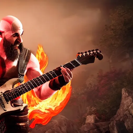 Image similar to kratos shredding on a flaming stratocaster guitar, cinematic render, god of war 2 0 1 8, santa monica studio official media, lightning, stripe over eye