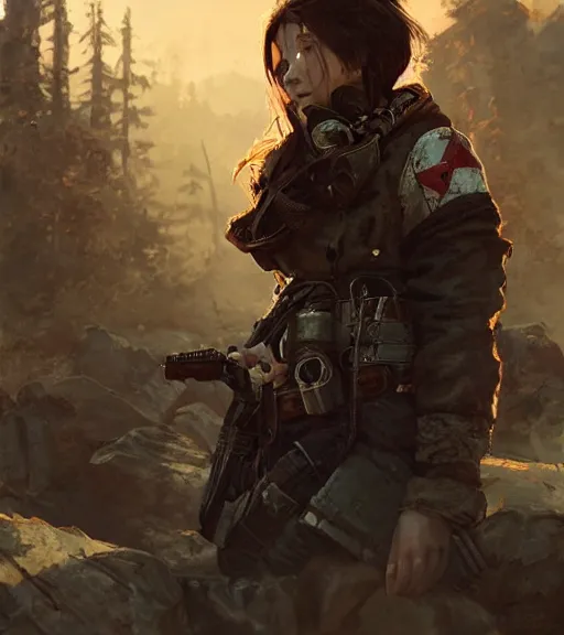 Image similar to fallout 5, charismatic beautiful armoured rugged brunette female protagonist, portrait, outdoors alaskan wilderness, atmospheric lighting, painted, intricate, volumetric lighting, beautiful, daytime, sunny weather, few clouds, sharp focus, deep colours, ultra detailed, art by krenz cushart and wenjun lin