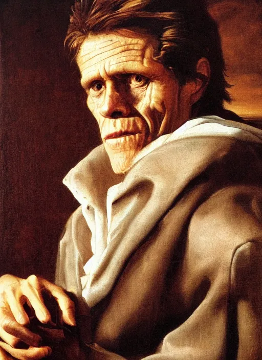 Image similar to portrait painting of willem dafoe with stubble, renaissance oil painting, studious chiaroscuro