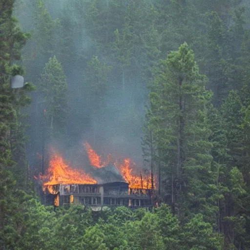 Image similar to a beautiful photo of a small hotel engulfed in a forest fire