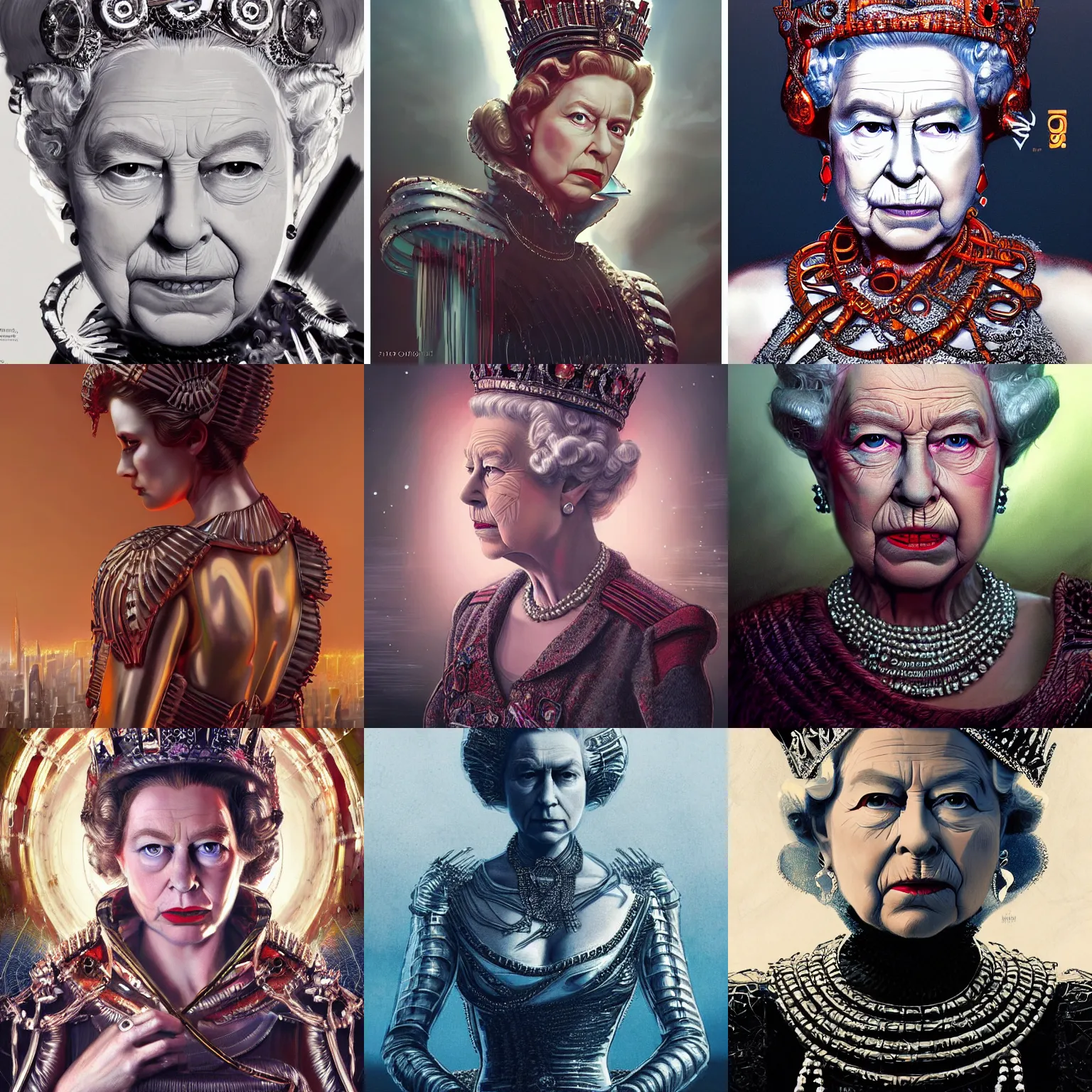 Prompt: Very very very very highly detailed epic photo of the queen elizabeth II in vogue photoshoot, intricate, dystopian, sci-fi, extremely detailed, digital painting, artstation, concept art, smooth, sharp focus, illustration, intimidating lighting, incredible art by Artgerm and Vincent di Fate