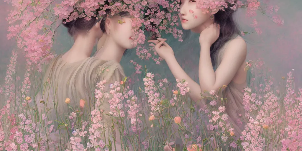 Prompt: breathtaking delicate detailed concept art painting pattern blend of flowers and girls, by hsiao - ron cheng, bizarre compositions, exquisite detail, pastel colors, 8 k