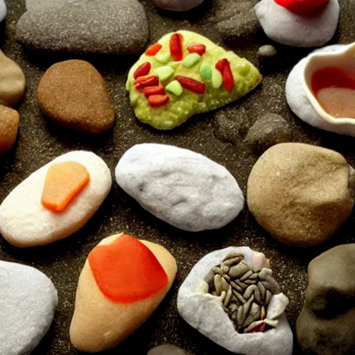 Image similar to food made of little rocks, low quality, bad lighting