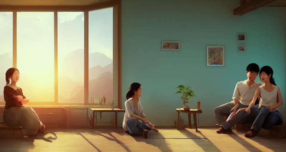 Image similar to wide shot of asian couple hugging at each other, sitting in rural living room, group of mechanical fans placing around the room, day light, colorful mood, high details, octane render, 8 k, digital illustration by kyuyong eom, realistic painting by aivazovsky. thick linings, manga
