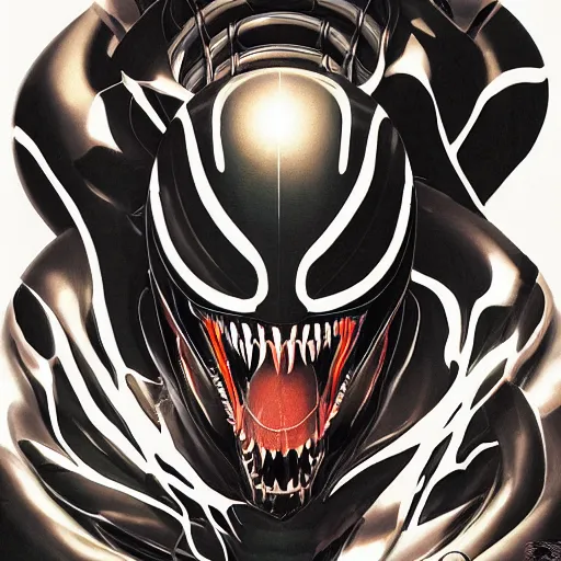 Prompt: venom symbiote, soft light, mekka, behance, vector, highly detailed illustration, realistic, artstation. com, by kunio okawara, yoshikazu yasuhiko, syd mead, mamoru nagano,