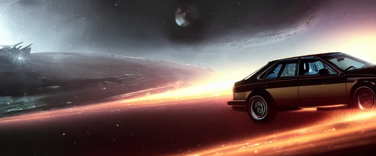 Image similar to Audi 80 B3 Avant (1988) floating in the void facing Kraken, a eerie horror sci-fi, star citizen, hopeless, dramatic lighting, cinematic, off-world, space, zero gravity, eldritch horror creatures floating through space, lack of ground, dark, establishing shot, extremely high detail, photorealistic, cinematic lighting, artstation, by simon stalenhag