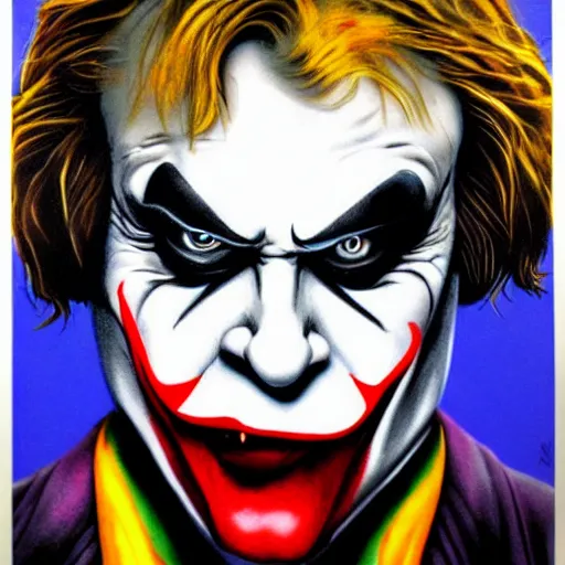 Image similar to angela merkel as joker in dark knight, airbrush art, drew struzan illustration art, key art, movie poster