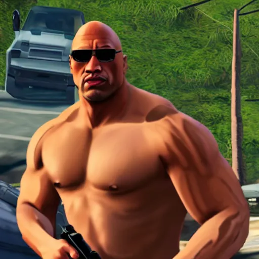 Prompt: dwayne the rock johnson in grand theft auto san andreas