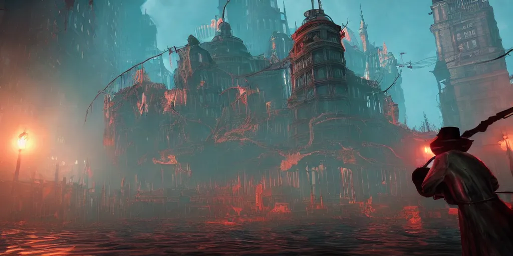 Image similar to bioshock infinite mixed with bloodborne, floating city, brightly colored, terrifying