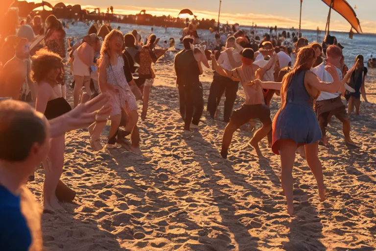 Prompt: everyone dancing at a party at the beach, drinking, food, bar, music, praising the sun, golden hour, cinematic, atmospheric, 8k resolution, Hyperrealistic