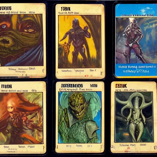 Prompt: fantasy art trading cards by frank freazetta