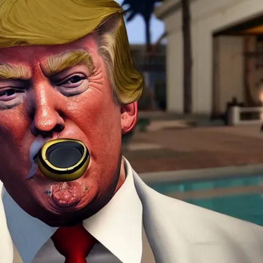 Image similar to gta v closeup Donald Trump holding cigar in his teeth, wearing badly stained white singlet