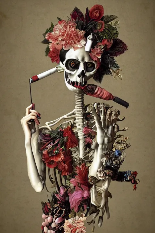 Prompt: Detailed maximalist portrait a Greek god with large lips wearing lipstick, smoking and with large white eyes, exasperated expression, skeletal with extra fleshy bits, botany, high fashion HD mixed media 3d collage, highly detailed and intricate, surreal illustration in the style of Caravaggio, dark art, baroque