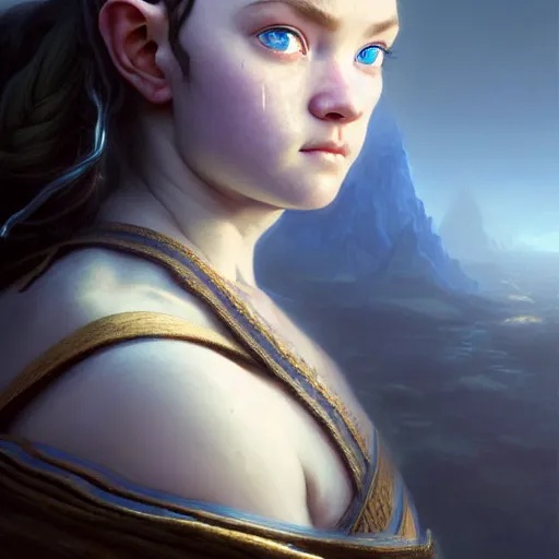 Image similar to portrait painting of a halfling monk girl with heavy scars and gorgeous blue eyes, ultra realistic, concept art, intricate details, eerie, highly detailed, photorealistic, octane render, 8 k, unreal engine. art by artgerm and greg rutkowski and charlie bowater and magali villeneuve and alphonse mucha