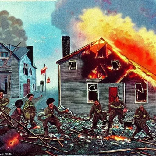 Prompt: color photo from the 80s, the shelling of a house in New York by Soviet soldiers, Many soldiers,epic style, a bunch of explosions, realistic style