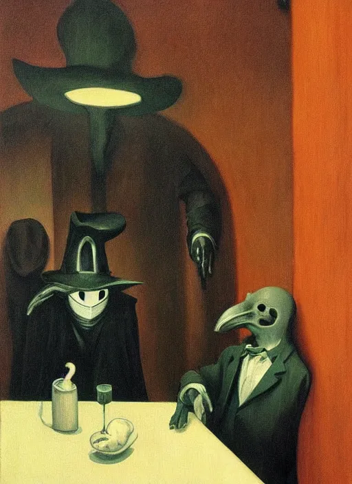 Image similar to plague doctor sitting at a crowded restaurant Edward Hopper and James Gilleard, Zdzislaw Beksinski highly detailed