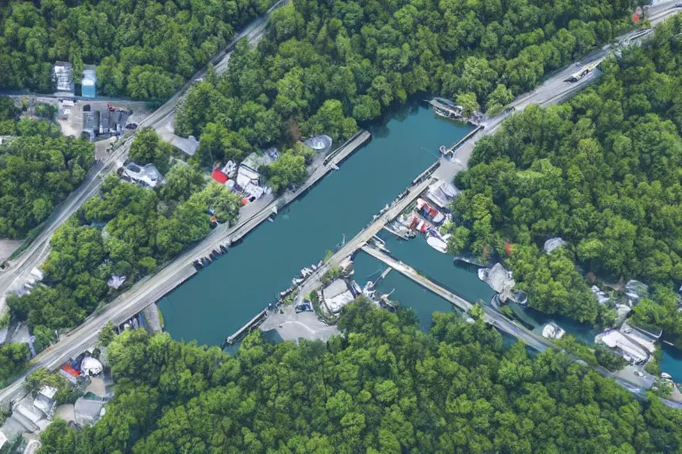 Image similar to bird's eye view of a small city with woods, trailer park, a road, bridge, and lagoon with docking area.