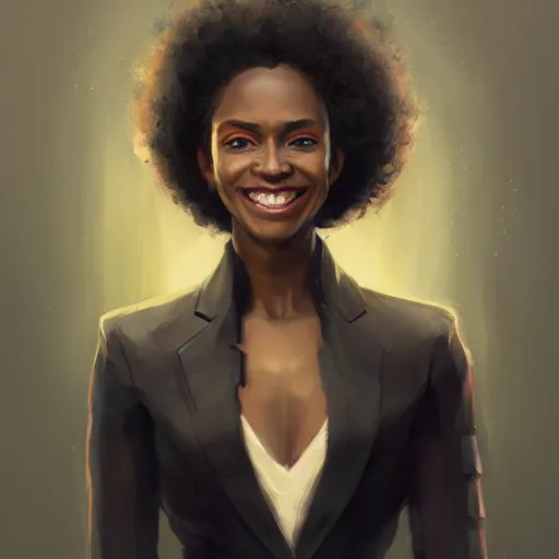 Prompt: Portrait of a woman by Greg Rutkowski, she is about 30 years old, mulato, afro hair, attractive, beautiful smile, beautiful look, she is wearing a futuristic lawyer outfit, highly detailed portrait, scifi, digital painting, artstation, concept art, smooth, sharp foccus ilustration, Artstation HQ