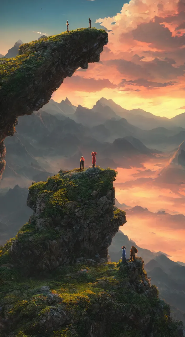 Image similar to couple facing the desperate and endless call of the void, mountain top above landscape, beautiful sunset, unreal 5 render, vivid colors, high detail, studio ghibli, digital art, octane render, beautiful composition, trending on artstation, award - winning photograph, masterpiece