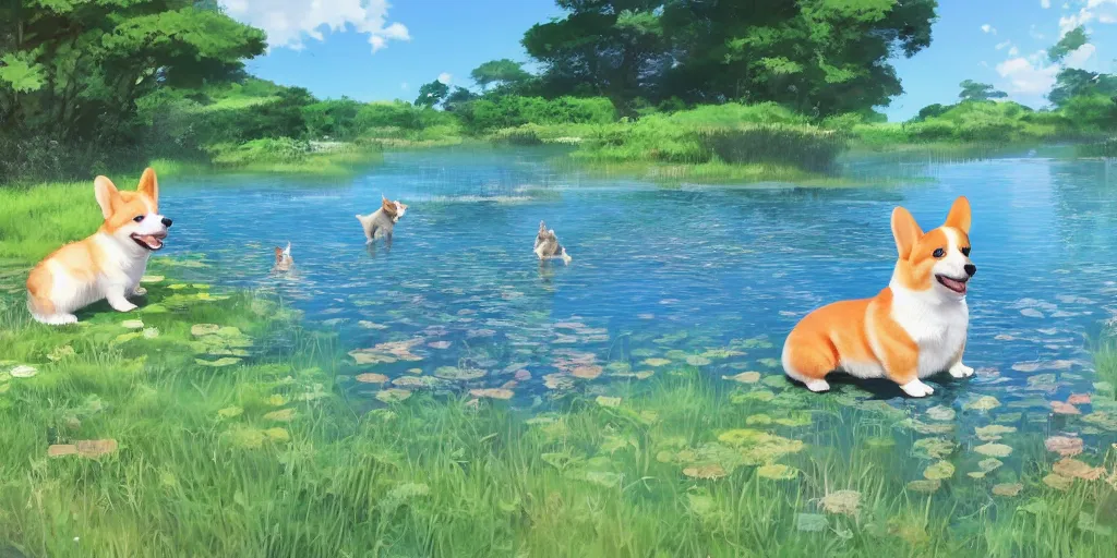 Prompt: A corgi in the pond, there is blue sky, there is water splash, there are kittens by the pond, the atmosphere is cheerful, the colors are bright, high picture quality, by Makoto Shinkai