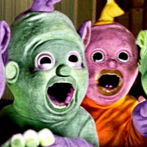 Image similar to zombie teletubbies in dawn of the dead, movie still, horror, ultra violent