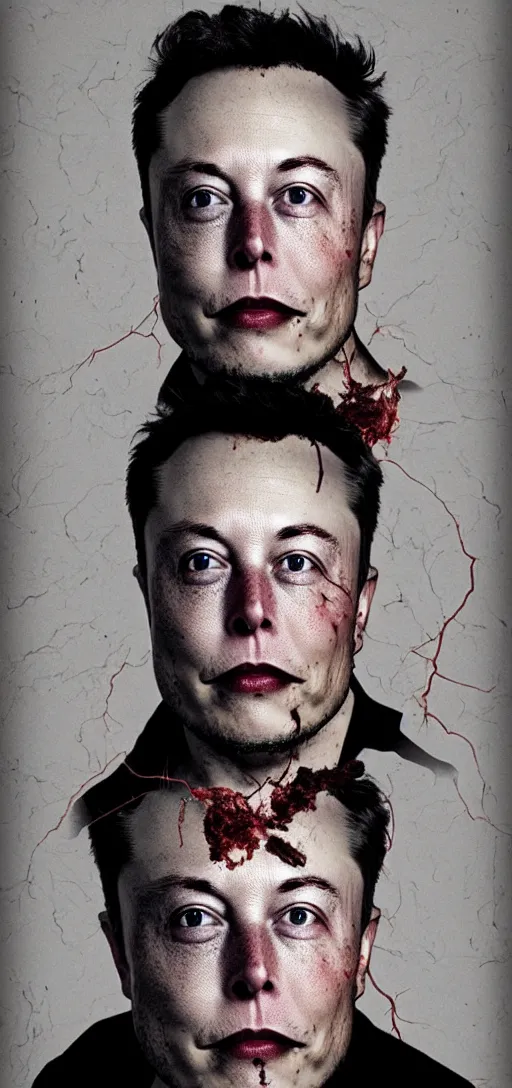 Prompt: a rotting and old horror picture of elon musk with dark rottendollar bills and rocket plumes, body horror, scary, dark, creepy,