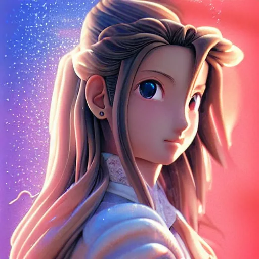 Image similar to daydreaming Aerith Gainsborough close-up portrait looking straight on, complex artistic color ink pen sketch illustration, full detail, gentle shadowing, fully immersive reflections and particle effects, chromatic aberration, statue, art by Artgerm and Range Murata.