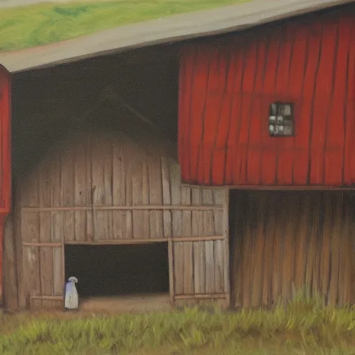 Image similar to a painting of a gbome in a barn, in the style of jenny nyström