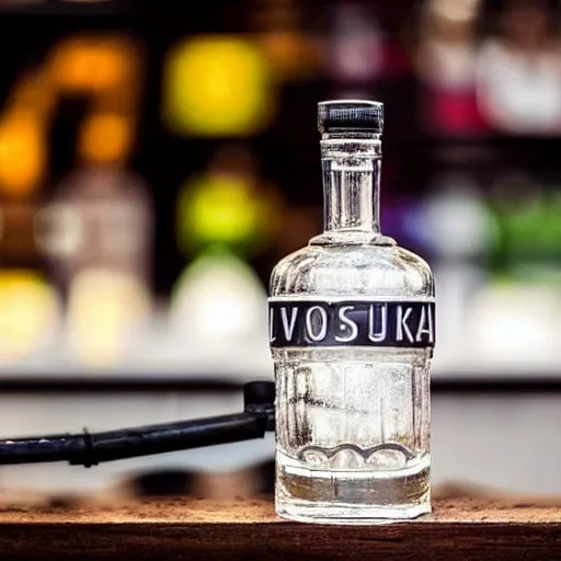 Prompt: a photo of a vodka bottle with a gas valve as the cap