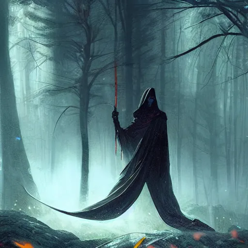 Prompt: ''cinematic shot'' dark hooded mage ( spectre ) using his magic to create zombies in the dead forest with leaves falling simetrical 8 k atmosferic realistic made by ivan aivazovsky, peter mohrbacher, greg rutkowski volumetric light effect broad light oil painting painting fantasy art style sci - fi art style realism premium prints available artwork unreal engine