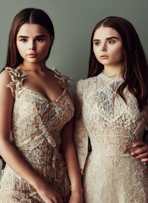 Image similar to portrait of demi rose and charlie grace moretz wearing kebaya in jakarta, by charlotte grimm, natural light, detailed face, beautiful features, symmetrical, canon eos c 3 0 0, ƒ 1. 8, 3 5 mm, 8 k, medium - format print, half body shot