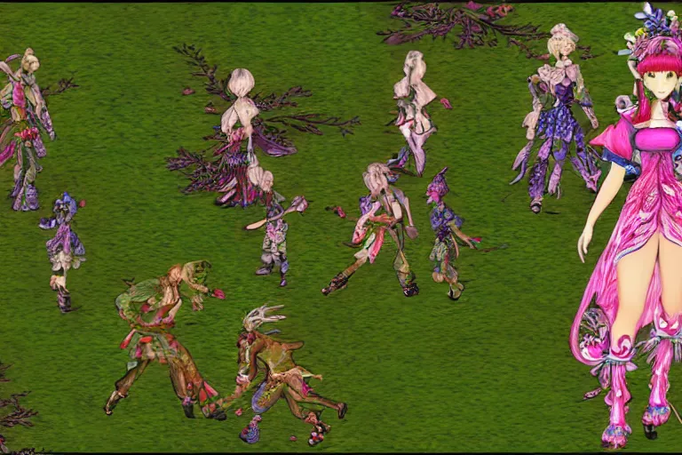 Image similar to cute female forest spirit wearing ornate floral cybernetic hungarian valentino resort dress in a 3 d psx ps 2 jrpg style, esoteric magical alien meadow ritual environment, fashion gameplay battle sequence screenshot with ui hud elements, highly detailed, atelier, xenogears