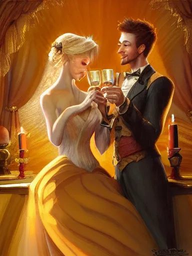 Image similar to a couple with misterious expressions, cheers, a toast with golden cups. intricate, elegant, highly detailed, digital painting, artstation, concept art, sharp focus, illustration, by justin gerard and artgerm, 8 k