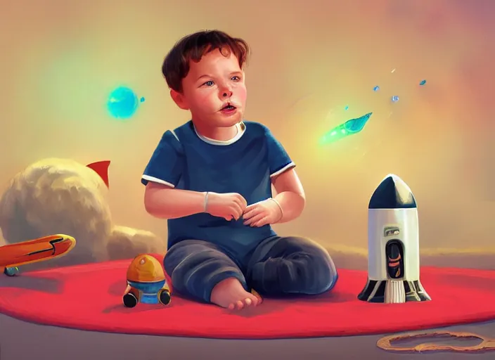 Prompt: toddler elon musk lying on a fluffy rug playing with his space rockets, digital painting, painterly, soft cinematic lighting, artstation