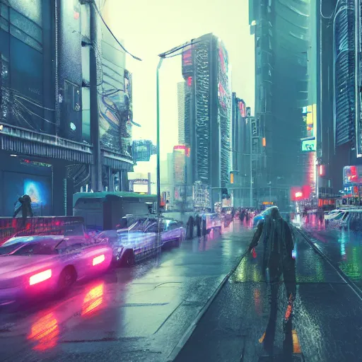 Prompt: a cyberpunk city in the rain, photo realistic, 8k