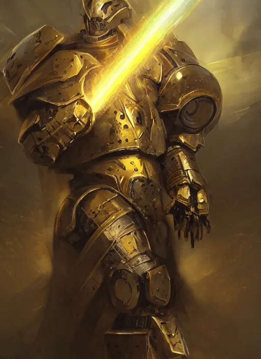 Image similar to dynamic attack position abstract portrait of a intricate glorious holy mechanical warforged character in yellow armor holding a paladin engraved great longsword drawn and carrying a big paladin shield, beam from eye , face in focus, epic , trending on ArtStation, masterpiece, cinematic lighting, by Ross Tran and by Greg Rutkowski