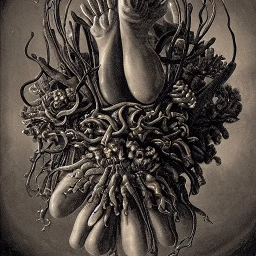 Prompt: disgusting disturbing dutch golden age bizarre mutant flower floral still life with many human toes realistic human toes teeth drool tongue blossoming everywhere insects very detailed fungus tumor disturbing tendrils bizarre slimy forms sprouting up everywhere by rachel ruysch christian rex van minnen black background chiaroscuro dramatic lighting perfect composition high definition 8 k 1 0 8 0 p