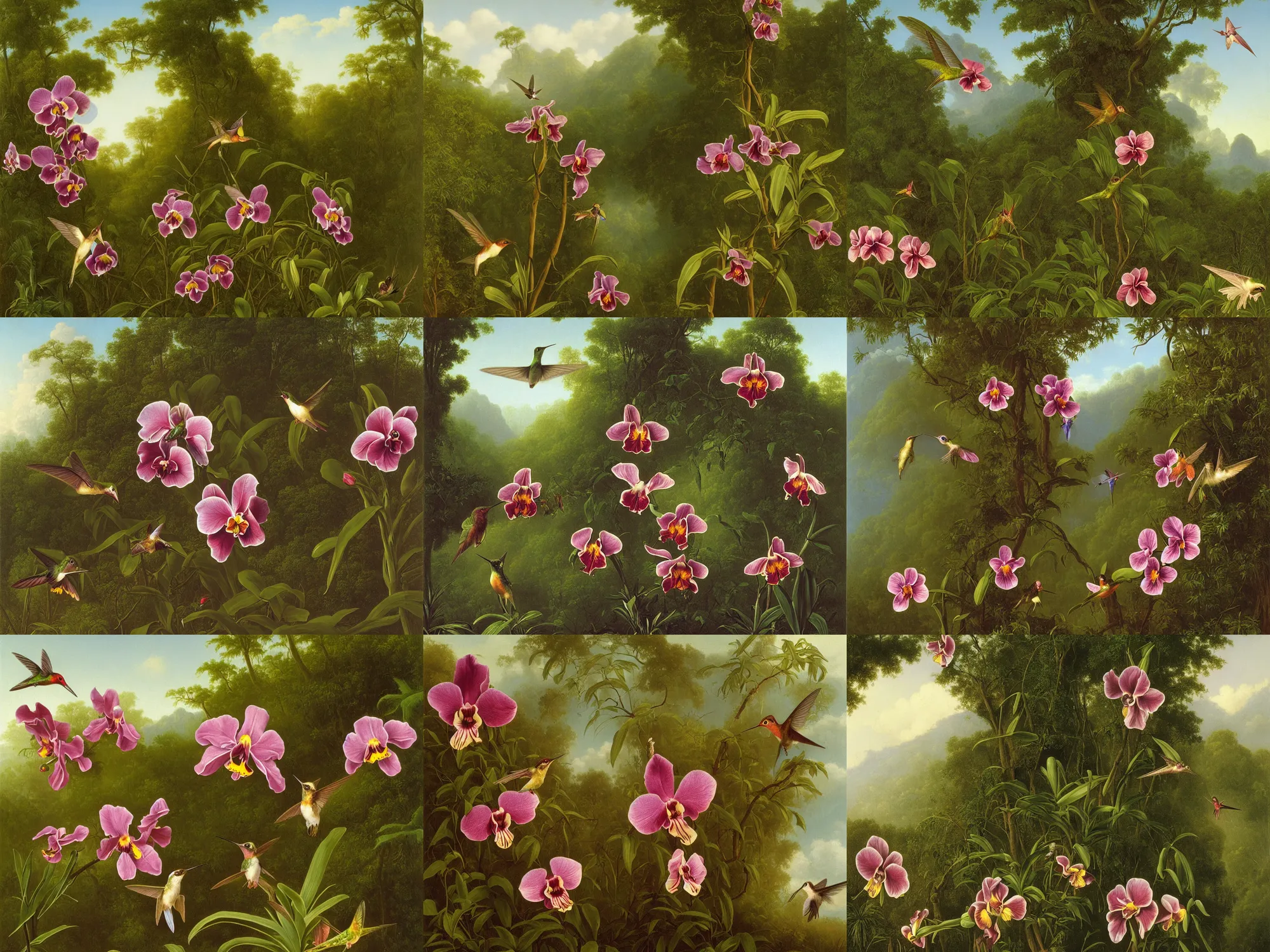 Prompt: painting of an miltonia orchid and a hummingbird in front of a jungle landscape by martin johnson heade